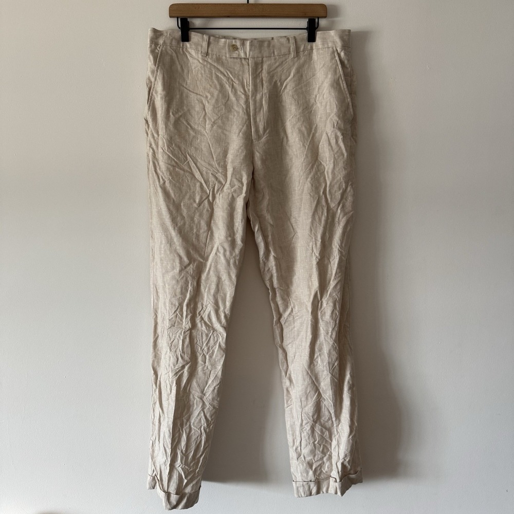 Avanti Uomo 100% Linen Pants Beige Men's SZ 36 Resort Minimalist Preppy WRINKLED